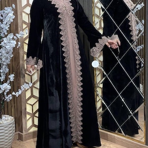 Black velvet maxi abaya 2piece Elegant   Abaya, Evening Abaya, Eid, Ramadan, Wedding Abaya,