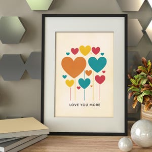 Love You More Hearts Digital Print, Cute Valentine&#39;s Day Wall Art, Minimalist Printable Poster, Colorful Hearts Decor