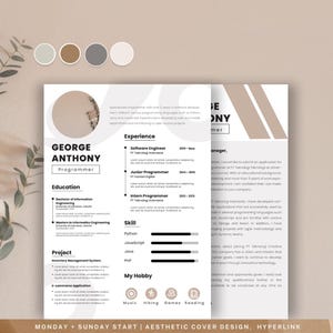 Könnte beinhalten: Eine minimalistische Lebenslaufvorlage in Braun und Weiß. Der Lebenslauf ist für George Anthony, einen Programmierer. Er enthält Abschnitte für Erfahrung, Ausbildung, Fähigkeiten, Projekte und Hobbys. Der Lebenslauf ist so konzipiert, dass er optisch ansprechend und leicht lesbar ist.