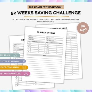 Könnte beinhalten: Ein weißes 52 Wochen Spar Challenge Arbeitsbuch mit dem Text "52 WEEKS SAVING CHALLENGE" und "US LETTER 8.5 X11 INCHES". Das Arbeitsbuch ist einfach zu bedienen und gerätekompatibel. Sofortiger Download.