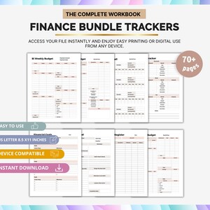 Könnte beinhalten: Ein Finanz-Bundle-Tracker mit Budget- und Finanzzielvorlagen. Der Text enthält "Finance Bundle Trackers", "Einfach zu bedienen", "Gerätekompatibel" und "Sofort-Download". Die Seiten sind im US Letter-Format 8,5 x 11 Zoll.