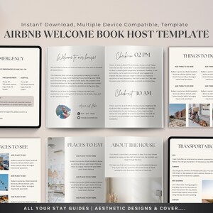 Könnte beinhalten: Eine digitale Vorlage für ein Airbnb-Willkommensbuch mit minimalistischem Design. Die Vorlage enthält Abschnitte für Notfallinformationen, Check-in- und Check-out-Zeiten, Aktivitäten, Restaurants, Sehenswürdigkeiten, Informationen zum Haus und Transportmöglichkeiten. Die Vorlage ist so konzipiert, dass sie einfach anzupassen und zu verwenden ist.