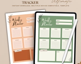 May include: Two digital weekly planner templates on a tablet and a piece of paper. The templates are in a minimalist style with a green and peach background. The text "Weekly Planner" is written in cursive at the top of each template. The templates are divided into seven days of the week with space for notes and a quote.