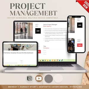 Könnte beinhalten: Ein Laptop-Bildschirm zeigt eine Präsentation über Projektmanagement. Die Präsentation enthält eine Titelfolie mit dem Text "Projektmanagement" und eine Folie mit dem Text "Senior Project Manager, Basic Agency". Die Präsentation enthält auch eine Liste mit Stichpunkten, die die Aufgaben eines Senior Project Managers beschreiben.