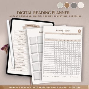 Könnte beinhalten: Digitaler Leseplaner mit einem Journal-Index und einem Lese-Tracker. Der Journal-Index enthält Abschnitte für Lese-Tracker, Lesetagebuch, tägliches Lesen, monatlicher Buch-Tracker, Lesechallenge, Lese-Wunschliste, Bibliothek, Serien-Tracker, Buchrezension, Serienrezension, monatliche Zusammenfassung, aktuell gelesen, Buch, das ich lesen möchte, Buch, das ich nicht beendet habe, erwartete Veröffentlichungen und Lieblingsbücher. Der Lese-Tracker hat einen Abschnitt für Ziel, Woche von und Wochentage. Der Lese-Tracker enthält auch Kontrollkästchen für gelesene Seiten, nicht gelesen, gelesen und ein Buch beendet.