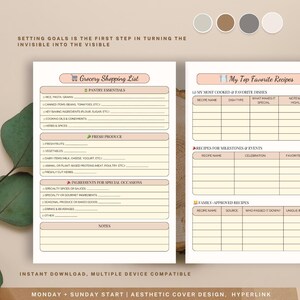 Könnte beinhalten: Ein druckbarer Einkaufszettel und Rezeptplaner mit hellbraunem Hintergrund. Der Planer enthält Abschnitte für Pantry-Essentials, frische Produkte, Zutaten für besondere Anlässe, Notizen, meine am häufigsten gekochten und Lieblingsgerichte, Rezepte für Meilensteine und Events sowie familiengeprüfte Rezepte.