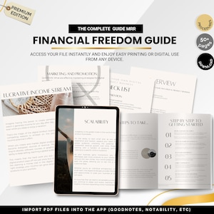 Könnte beinhalten: Ein digitaler Leitfaden mit dem Titel "Financial Freedom Guide" mit dem Text "Premium Edition". Der Leitfaden enthält Seiten zu Marketing, Einkommensströmen und digitalen Produktgeschäften. Der Leitfaden ist für den sofortigen Zugriff und einfachen Druck konzipiert.