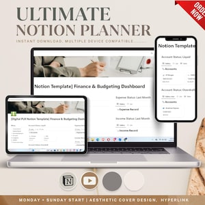 Könnte beinhalten: Ein Laptop-Computer, der eine Notion-Vorlage für Finanzen und Budgetierung anzeigt. Die Vorlage enthält Abschnitte für Einkommen, Ausgaben und Kontostand. Der Laptop steht auf einem Tisch mit einem Telefon, das die gleiche Vorlage anzeigt. Das Bild enthält auch einen Wiedergabe-Button, ein Quadrat und einen Kreis.