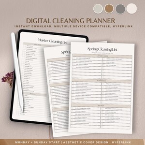 Könnte beinhalten: Ein digitaler Reinigungsplaner mit beigefarbenem Hintergrund und einem Farbschema in Braun, Grau und Weiß. Der Planer enthält eine Hauptreinigungsliste und eine Frühlingsreinigungsliste mit Kontrollkästchen für jede Aufgabe. Der Text auf dem Planer lautet "Master Cleaning List", "Spring Cleaning List", "Spring", "Laundry Room", "Bathrooms", "Kitchen", "Monday + Sunday Start | Aesthetic Cover Design, Hyperlink".