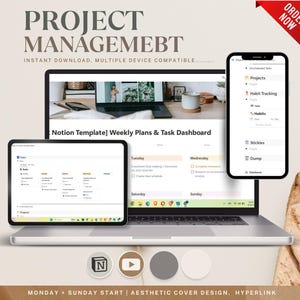 Könnte beinhalten: Ein Laptop-Computer, der eine Notion-Vorlage für wöchentliche Pläne und Aufgabenverwaltung anzeigt. Die Vorlage enthält Abschnitte für Projekte, Gewohnheitsverfolgung und ein tägliches Aufgaben-Dashboard. Der Laptop steht auf einem Tisch mit einer Tasse Kaffee und einer Pflanze. Das Bild zeigt auch ein Tablet-Computer, das eine ähnliche Notion-Vorlage anzeigt. Der Text "Notion Template] Weekly Plans & Task Dashboard" ist auf dem Laptop-Bildschirm sichtbar.