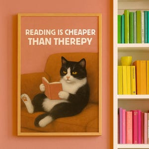 Whimsical Cat Wall Art Poster | Funny Cat Print | Book Lovers Poster | Cozy Animal Decor for Home | Posters for Book Lovers