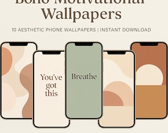 May include: Set of 10 phone wallpapers with a boho aesthetic. The wallpapers feature abstract shapes in shades of brown, beige, and green. The text "You've got this" and "Breathe" are featured on two of the wallpapers.