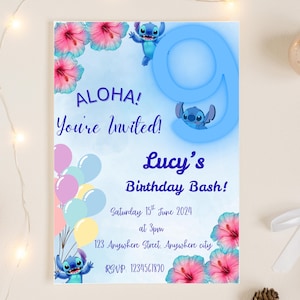 Convite de aniversário Stitch | Idades 1-10 | Totalmente personalizável | Convite digital | Cartão para impressão | Convite para festa de aniversário Aloha Stitch Blue