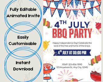 Invitación a barbacoa del 4 de julio con fuegos artificiales animados / Invitación digital editable / Descarga instantánea / Plantilla Canva
