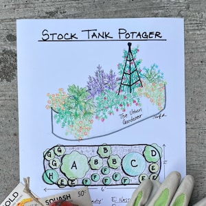 May include: A gardening-themed image featuring a "Stock Tank Potager" design, seed packets, a red trowel, gardening gloves, and a green "Digital Download" graphic. The design includes a planting layout with measurements.