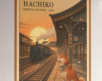 Póster de Hachiko, estación de Shibuya, arte mural japonés vintage de 1925, impresión de perro Akita fiel, decoración de viaje a Japón, regalo de perro fiel, Shiba Inu