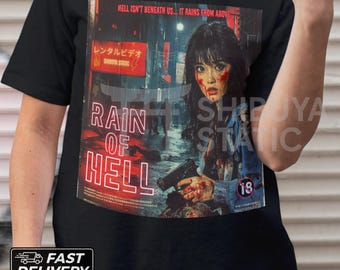 Camiseta retro de terror japonés, camiseta con gráfico neón de Tokio ciberpunk, ropa urbana de anime espeluznante, camiseta japonesa unisex de estética oscura, camiseta Vaporwave