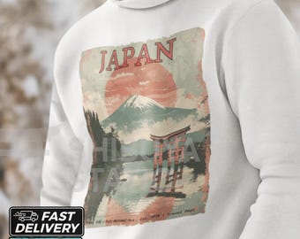 Sudadera unisex con capucha Fujisan Japan, sudadera con arte japonés, diseño Torii del Monte Fuji, ropa de calle estética japonesa, sudadera con capucha retro de viaje japonesa