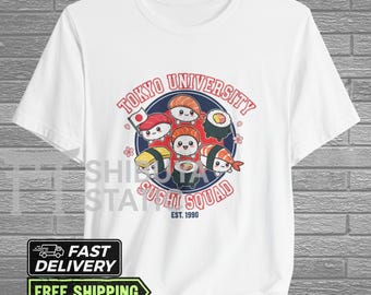 Camiseta de sushi kawaii, camiseta del equipo de sushi de la Universidad de Tokio, regalo para amantes de la comida japonesa, estilo universitario retro, camiseta de sushi de anime con cuello redondo, camiseta japonesa de los 90