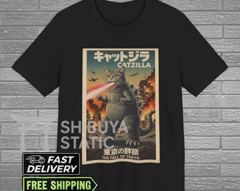 Camiseta Catzilla, divertida camiseta con póster de gato kaiju, regalo retro japonés para amantes de los gatos, gato monstruo de Tokio vintage, gráfico estético de Meowzilla