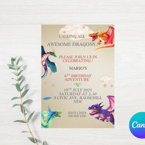 Invitación de cumpleaños de dragón moderna, invitación de cumpleaños de dragón, fiesta de dragón, invitación para niños, plantilla digital editable, descarga instantánea