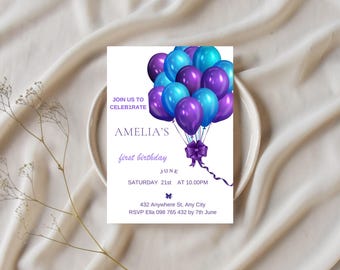 First birthday invitation, pastel rainbow 1st invite, big celebration, rainbow balloon arch