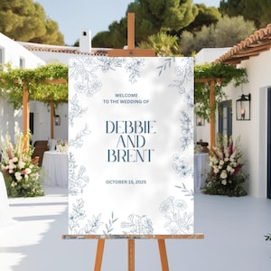 Blue Floral Wedding Welcome Sign, Dusty blue flower sign, roses sign, digital download, printable template, elegant wedding sign