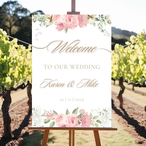 Blush Pink Wedding Welcome Sign, Soft pink editable welcome poster, floral printable wedding welcome board, editable template, wedding