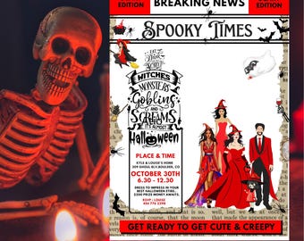 Happy Halloween Breaking News Invitation, Spooky Newspaper Party (Editable)