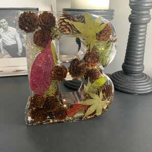 Op de afbeelding: Een heldere harsletter "B" gevuld met dennenappels, groene bladeren en een rood blad. Kleine lichtslingers zijn ingebed in de hars. De decoratieve letter is een uniek woondecoratie-item.