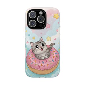 Donut Cat Phone Case for iPhone and Samsung Cute Dessert Cat Gift for Her Kawaii Cat Lover Cover Sweet Food Animal Phone Case