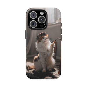 Artist Cat Phone Case for iPhone and Samsung Funny Painter Cat Gift Cute Art Lover Cat Cover Creative Animal Phone Case
