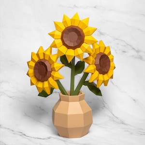 Vase tournesol Papercraft modèle PDF SVG DXF | Vase à fleurs de faible teneur en poly | Sculpture en papier 3D imprimable