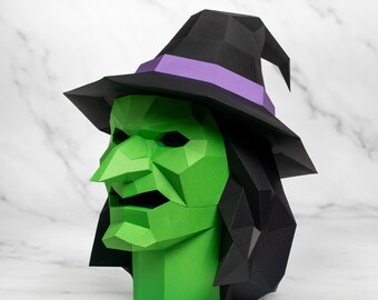 Witch Head 3D Papercraft, Halloween DIY Sculpture (pdf, svg, dxf)