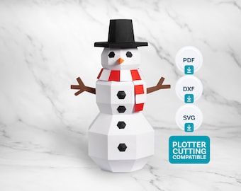 Snowman Papercraft Template PDF SVG DXF | 3D Low-Poly Winter Decor | Printable Christmas Decoration