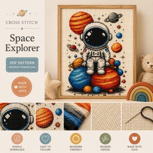 May include: A framed cross-stitch design titled "Space Explorer" showing an astronaut seated on planets. The artwork features planets in orange and blue, with the text "Space Explorer" and "PDF Pattern Instant Download".