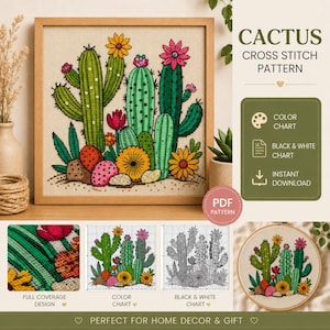 Cactus Cross Stitch Pattern PDF, Desert Flowers Embroidery Design, Modern Botanical Wall Art, Instant Download
