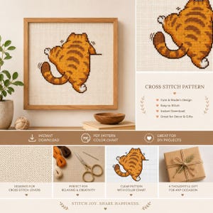 Puede incluir: Un patrón de punto de cruz enmarcado con un gato atigrado naranja con rayas marrones. La imagen incluye el texto "Cross Stitch Pattern", "Instant Download" y "Stitch Joy. Share Happiness."