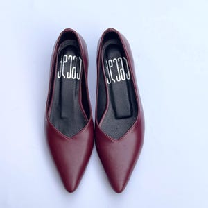 May include: A pair of burgundy-colored pointed-toe flats. The shoes have a sleek, minimalist design with a low heel and a V-shaped vamp. The interior of each shoe features the word "ceca" in white lettering.