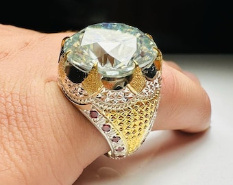 18 Carat Certified Real Moissanite Diamond Handmade 925 Sterling Silver Ring, Mens Big White Moissanite Diamond Ring