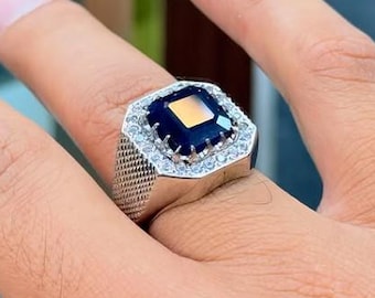 Real Square Ceylon Blue Sapphire Handmade 925 Sterling Silver Ring, Mens Sapphire Ring, Beautiful Sapphire Ring, Gift for him