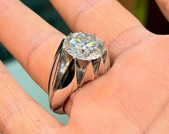 10 Carat Real Moissanite Diamond Handmade 925 Sterling Silver Ring, Mens Diamond Ring