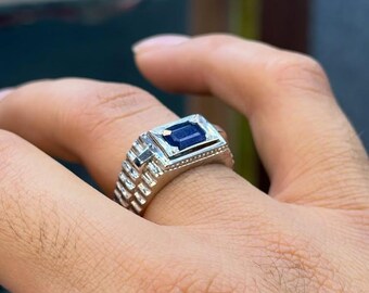 Emerald Cut Real Ceylon Blue Sapphire Handmade 925 Sterling Silver Ring, Mens Sapphire Ring, Beautiful Sapphire Ring, Wedding Gift