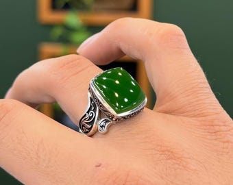 Yemni Green Agate Ring Handmade 925 Sterling Silver Green Aqeeq Ring, Real Green Agate Ring
