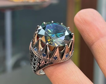 16 Carat Real Green Diamond Handmade 925 Sterling Silver Ring, Men Big Diamond Ring, Green Moissanite Diamond Ring, Gift for him