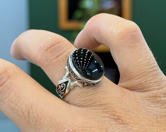Yemni Black Agate Ring 925 Sterling Silver Ring, Real Black Aqeeq Ring, High Quality Aqeeq Ring