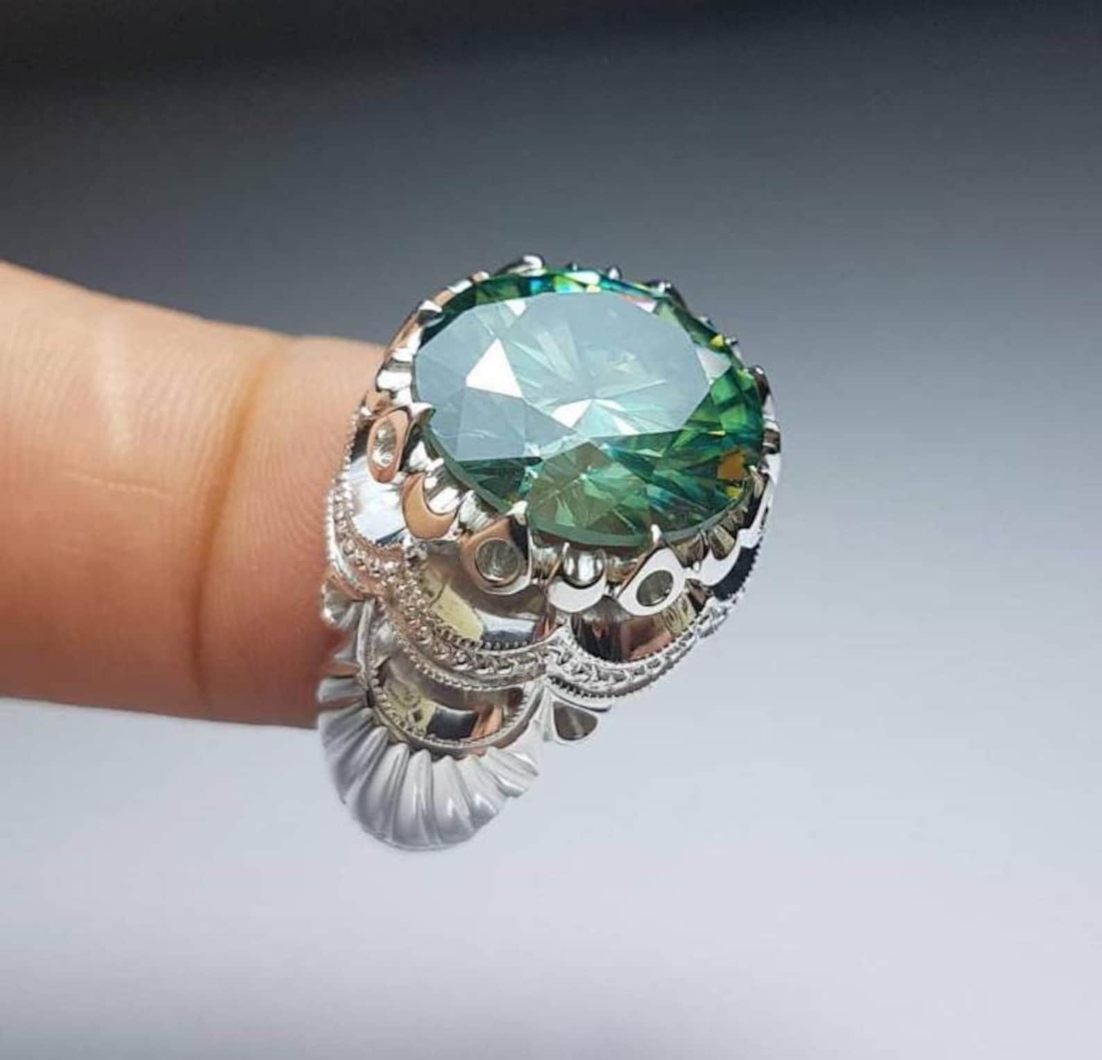 8 Carat Natural Green Diamond Handmade 925 Sterling Silver Ring, Mens Green Diamond Ring, Rare Green Moissanite Diamond Ring, Gift for him