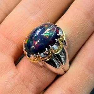 Natural Black Fire Opal Handmade 925 Sterling Silver Ring, Black Opal Ring, High Quality Australian Black Opal Ring, Wedding Ring