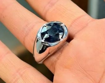 Natural Deep Blue Sapphire Handmade 925 Sterling Silver Ring, Mens Sapphire Ring, Beautiful Luxury Sapphire Ring, Gift for him