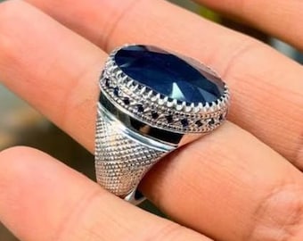 20 Carat Real Deep Blue Sapphire Handmade 925 Sterling Silver Ring, Men Sapphire Ring, Beautiful Big Sapphire Ring, Gift for him